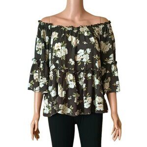 American Eagle Off Shoulder Top M Black Floral Ruffled Boho Blouse Bell Sleeves